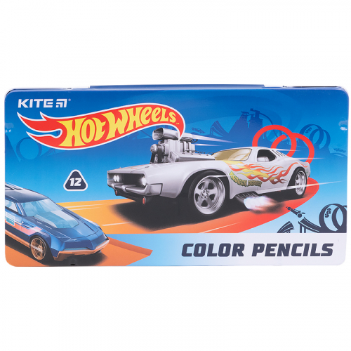 Олівці кольорові тригранні Kite Hot Wheels HW21-058, 12 кольорів, металевий пенал