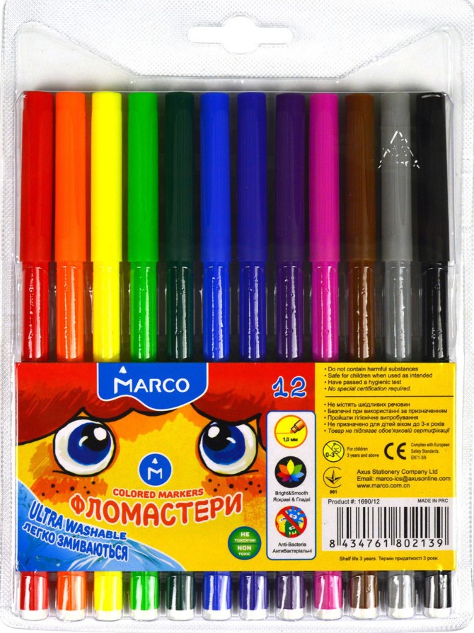 Фломастери Marco ULTRA Washable 1690-12, 12 кольорів